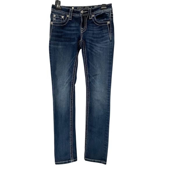 Miss Me Girls Embellished Fleur De Lis Dark Wash Mid-Rise Skinny Jeans - Picture 1 of 7